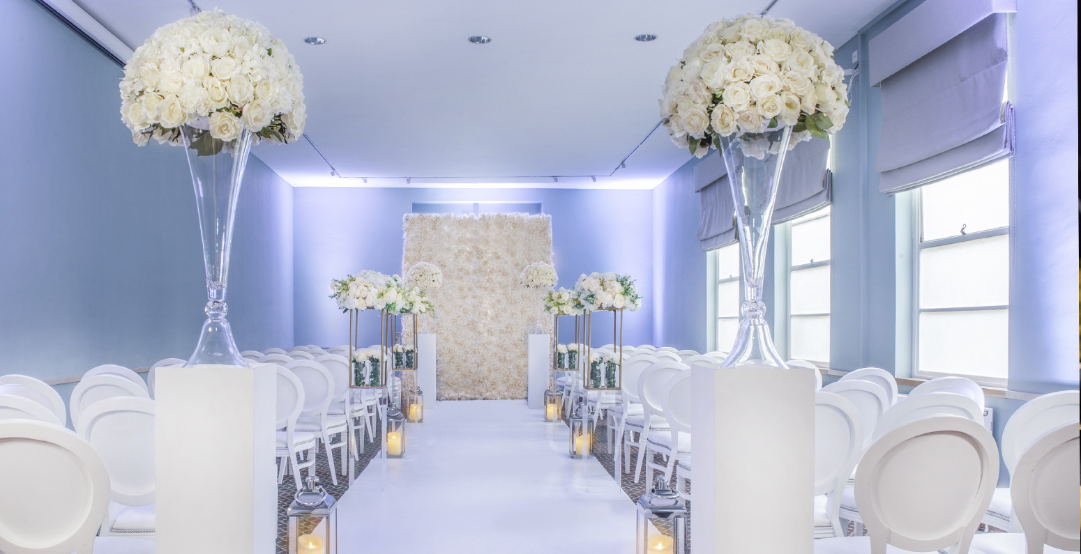 The wedding venue in blue and white.