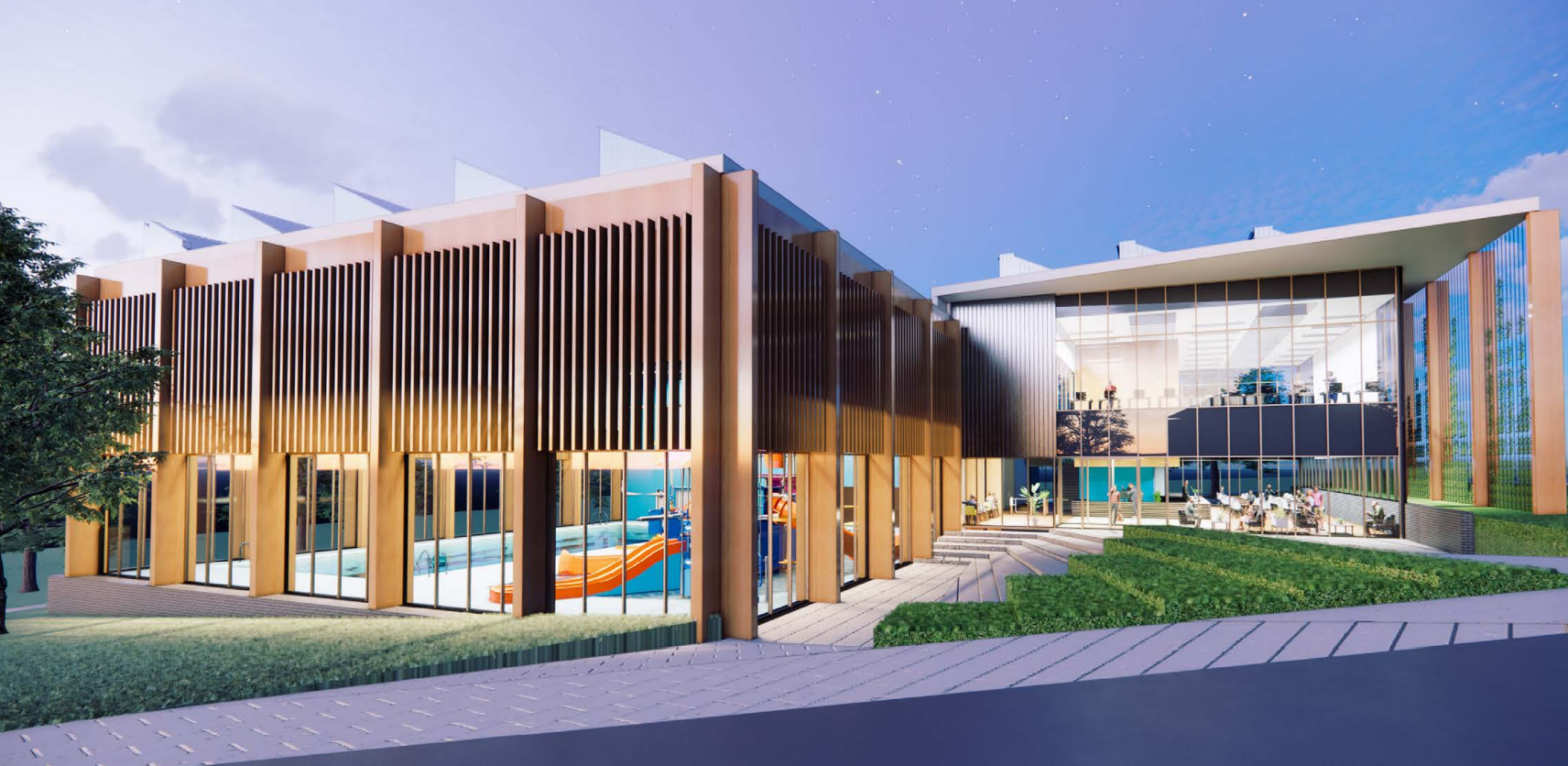 A CGI image of what Rainham's new family friendly sports centre will look like. A large building with large windows to look into the pool and stairs to the right.