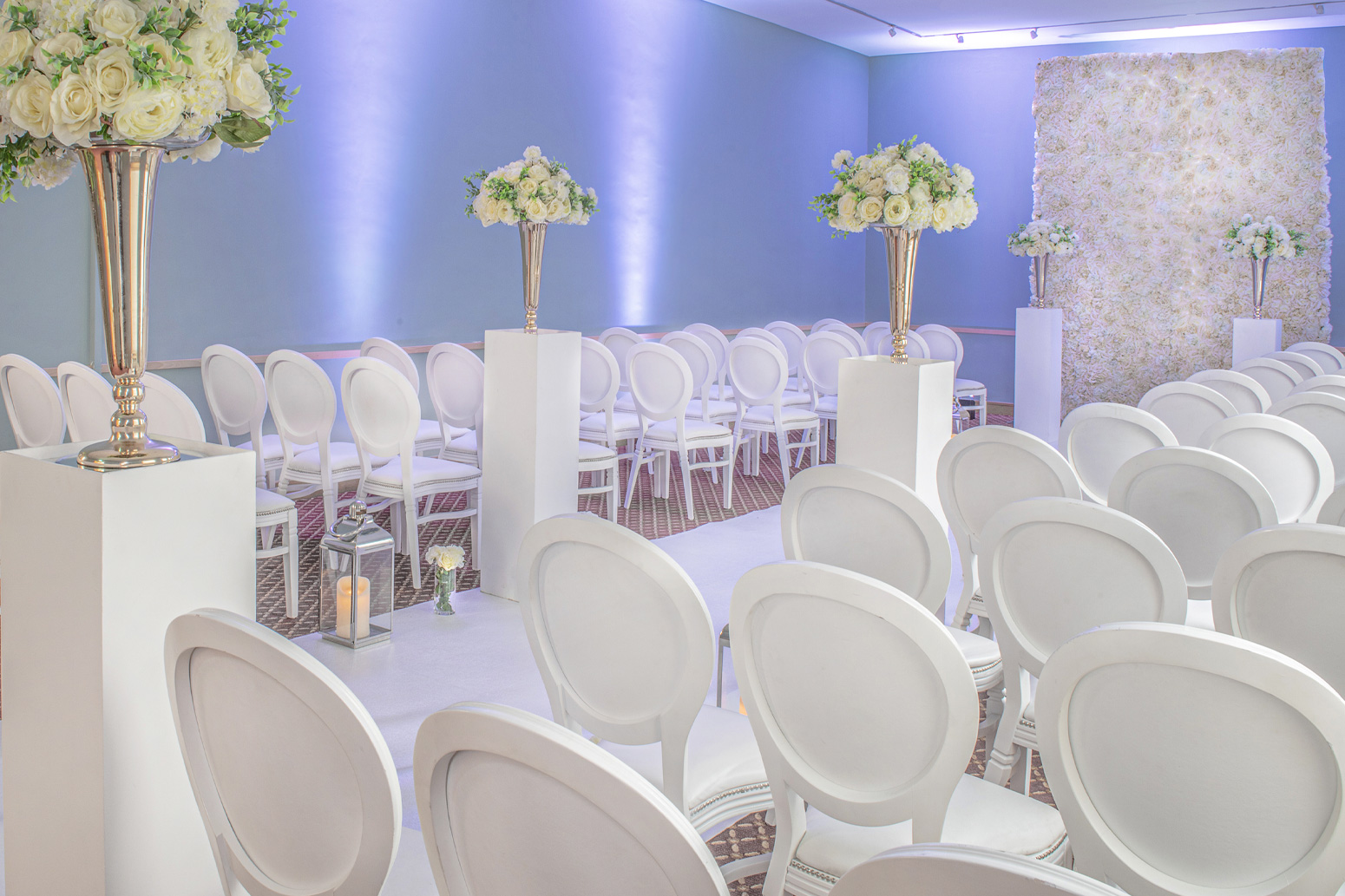 A wedding room decorated in blue.
