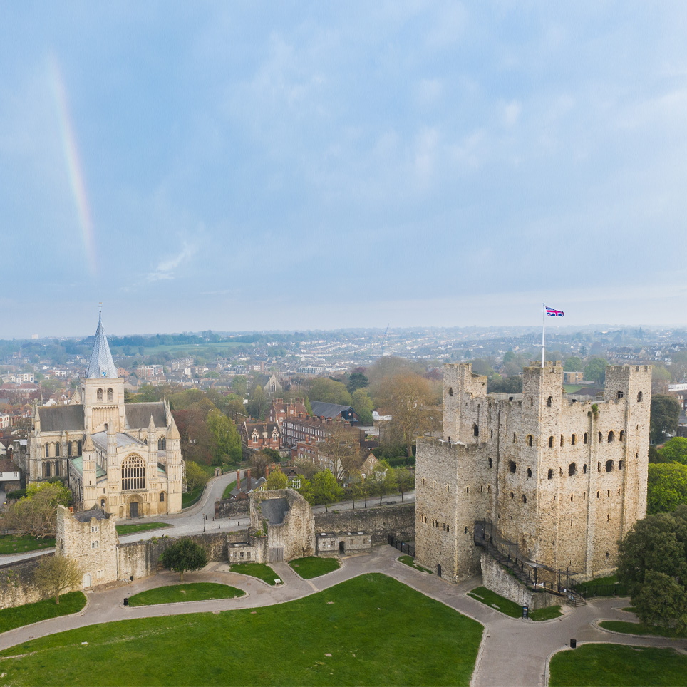 Rochester Castle and Rochester Cathedral.